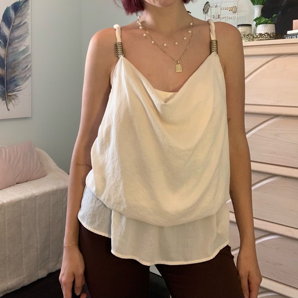 RW&CO Cream Cowl Neck Flowy Tank Top
